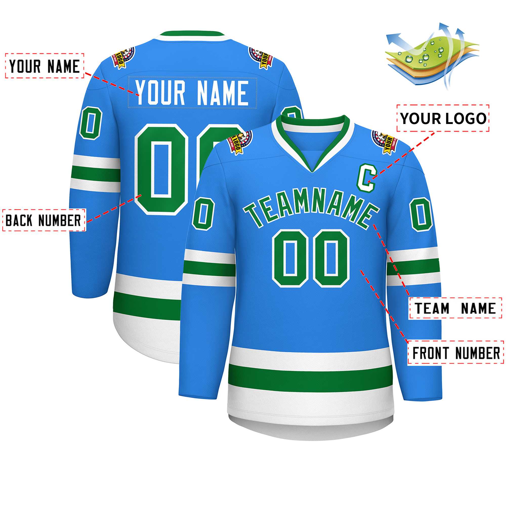 Custom Powder Blue Kelly Green-White Classic Style Hockey Jersey | KXKSHOP
