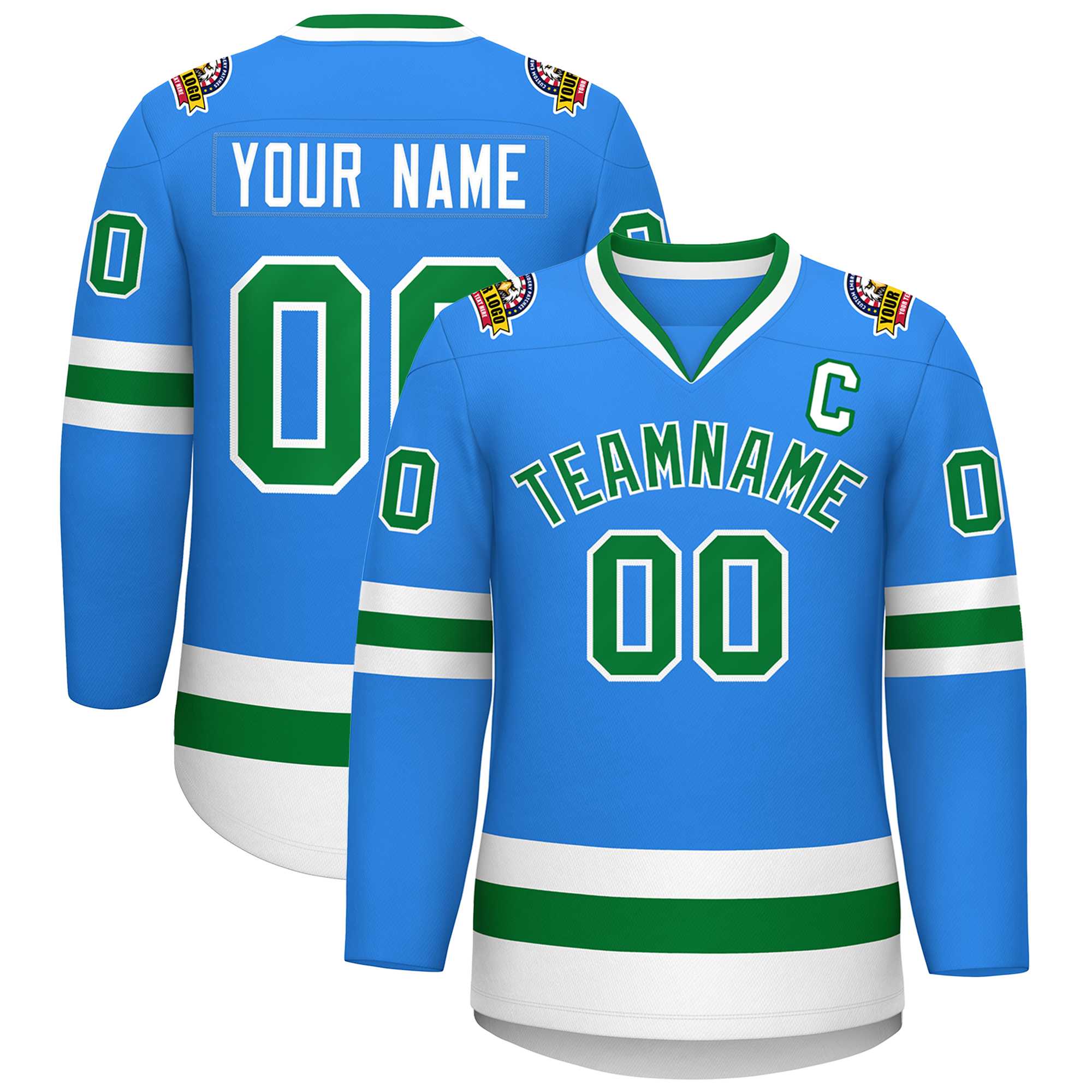 Custom Powder Blue Kelly Green-White Classic Style Hockey Jersey | KXKSHOP