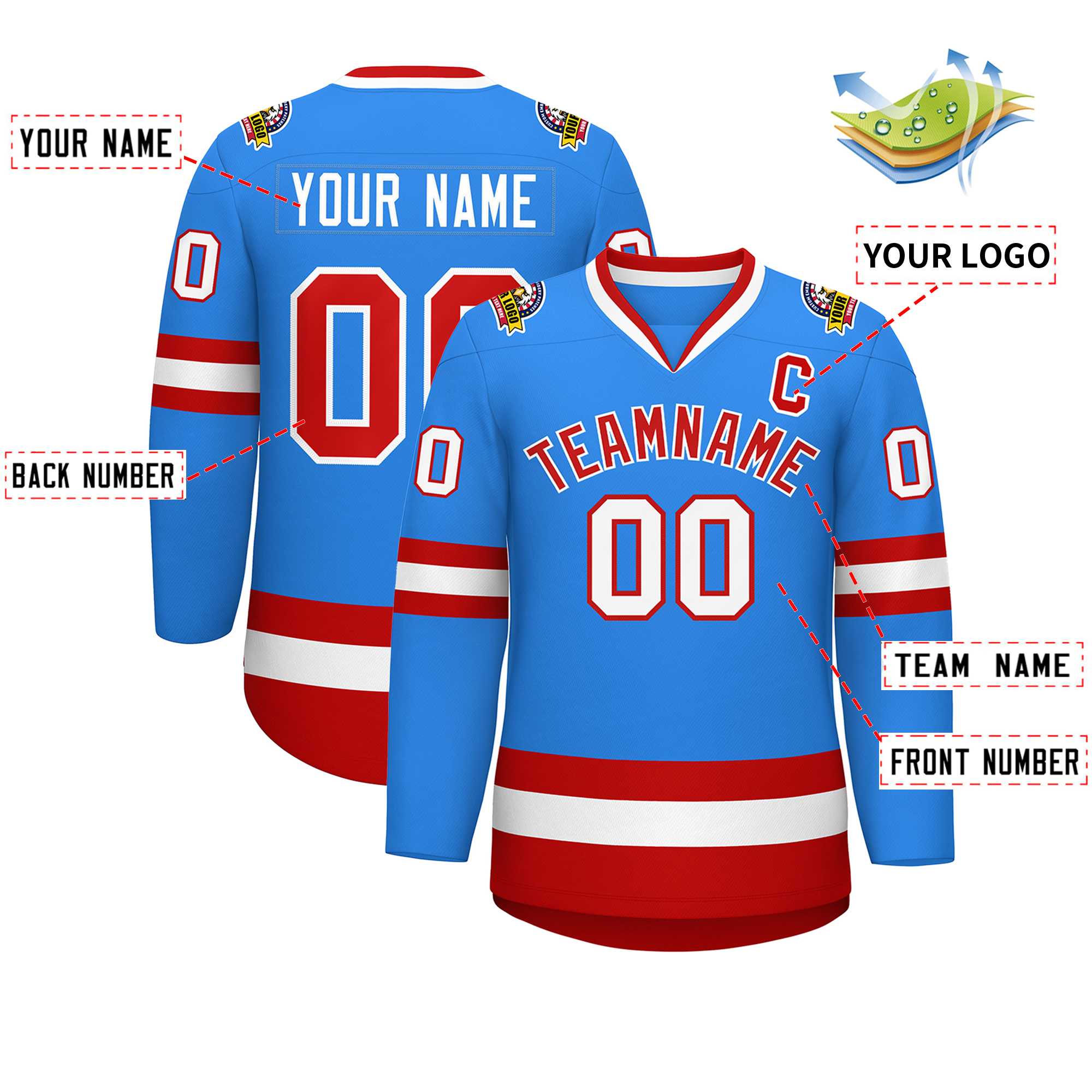 Custom Powder Blue Red-White Classic Style Hockey Jersey | KXKSHOP
