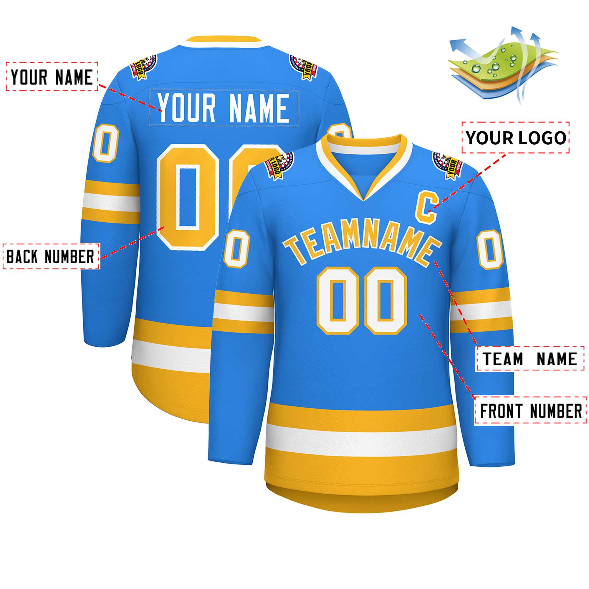 Custom Powder Blue Gold-White Classic Style Hockey Jersey | KXKSHOP