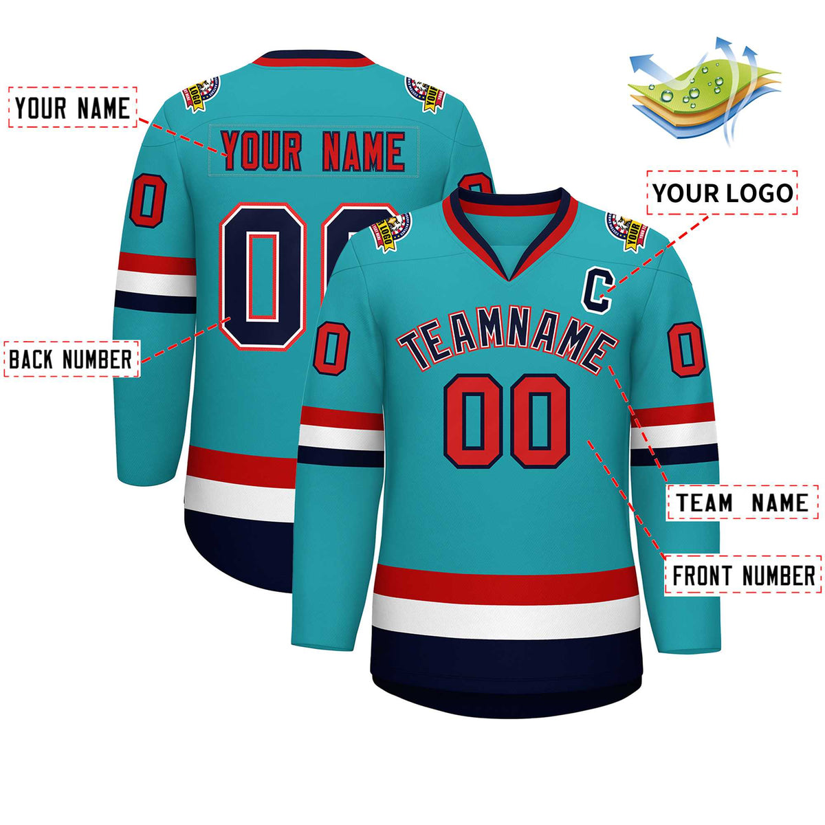 Custom Aqua Navy White-Red Classic Style Hockey Jersey | KXKSHOP