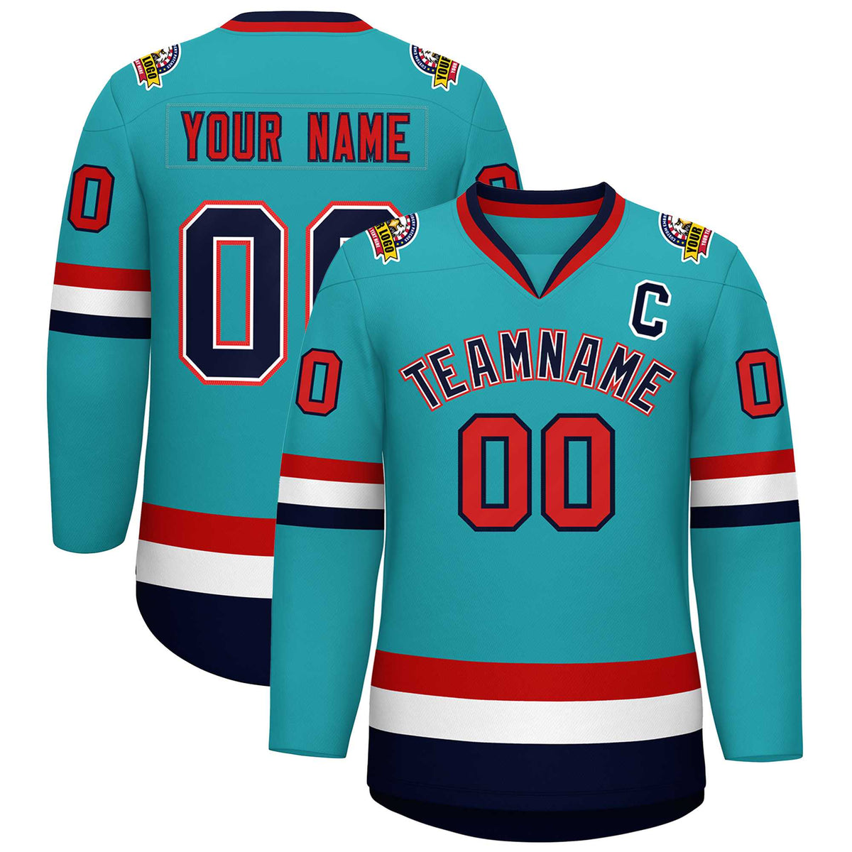 Custom Aqua Navy White-Red Classic Style Hockey Jersey | KXKSHOP