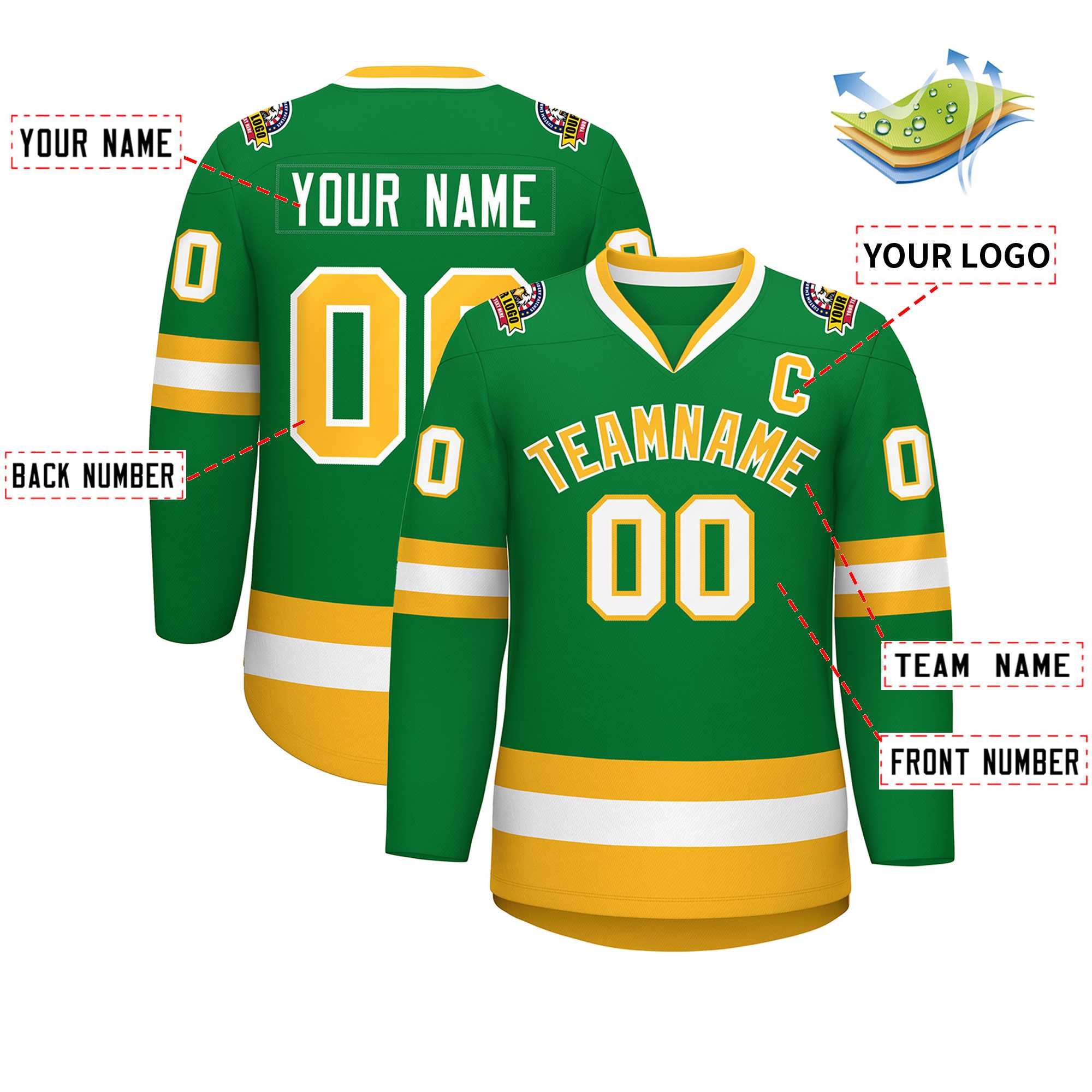 Custom Kelly Green Gold-White Classic Style Hockey Jersey | KXKSHOP