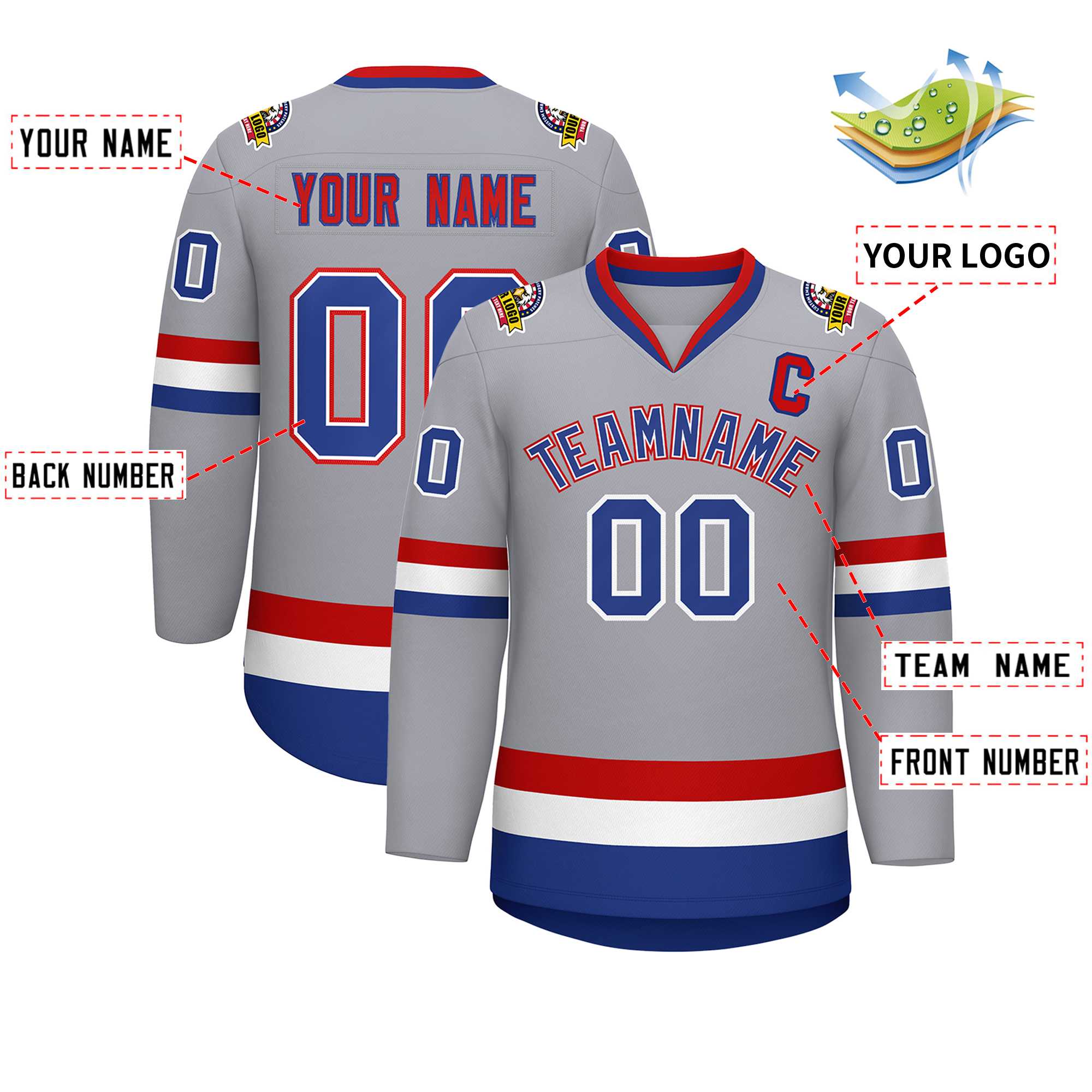 Custom Gray Royal White-Red Classic Style Hockey Jersey | KXKSHOP