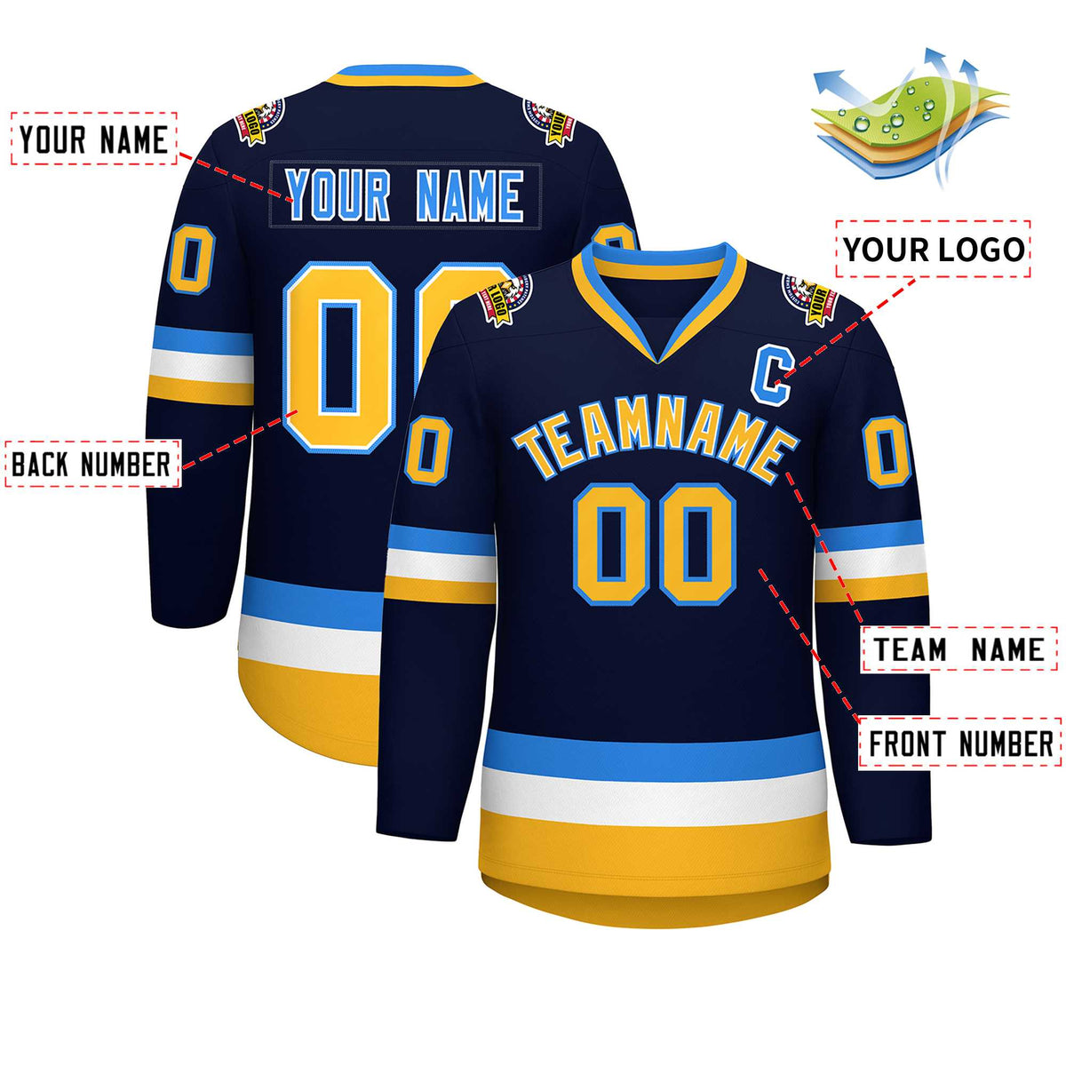 Custom Navy Gold White-Powder Blue Classic Style Hockey Jersey | KXKSHOP