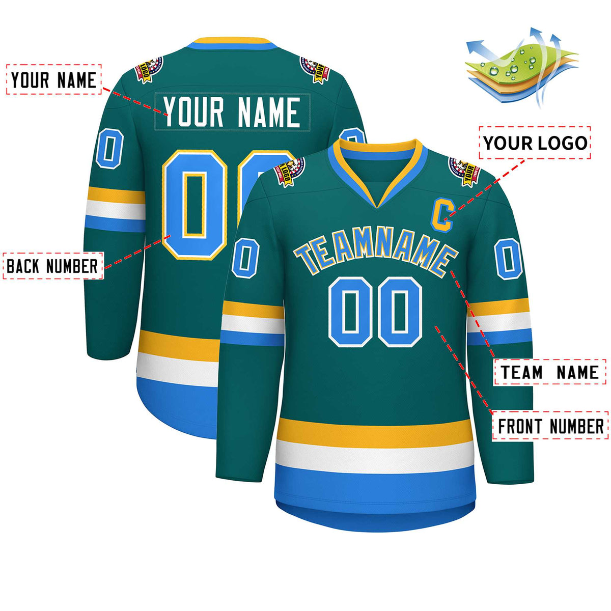 Custom Teal Powder Blue White-Gold Classic Style Hockey Jersey | KXKSHOP