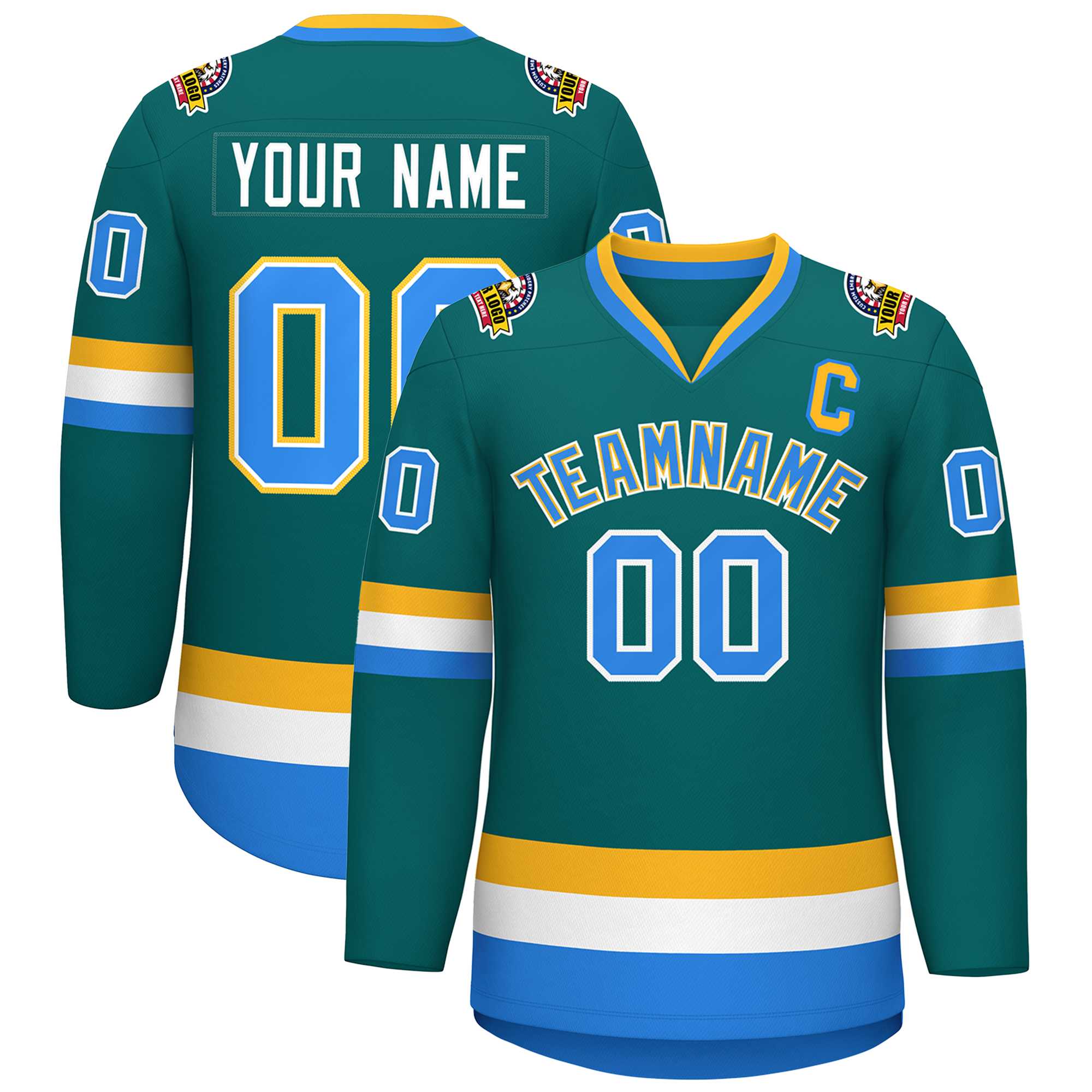Custom Teal Powder Blue White-Gold Classic Style Hockey Jersey | KXKSHOP