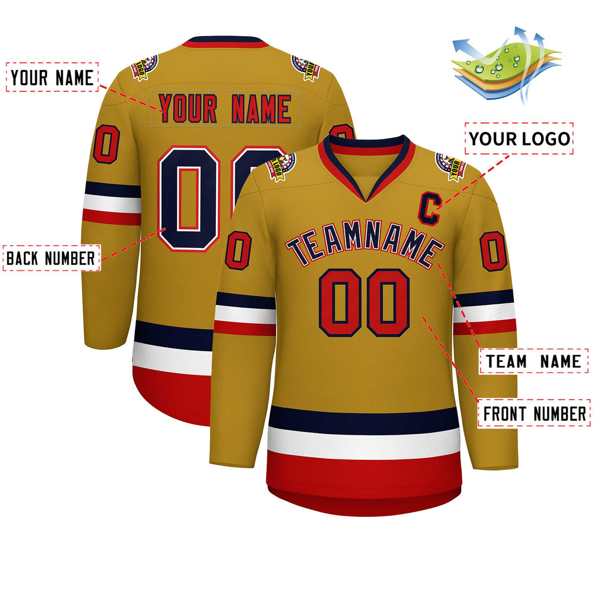 Custom Old Gold Navy White-Red Classic Style Hockey Jersey | KXKSHOP