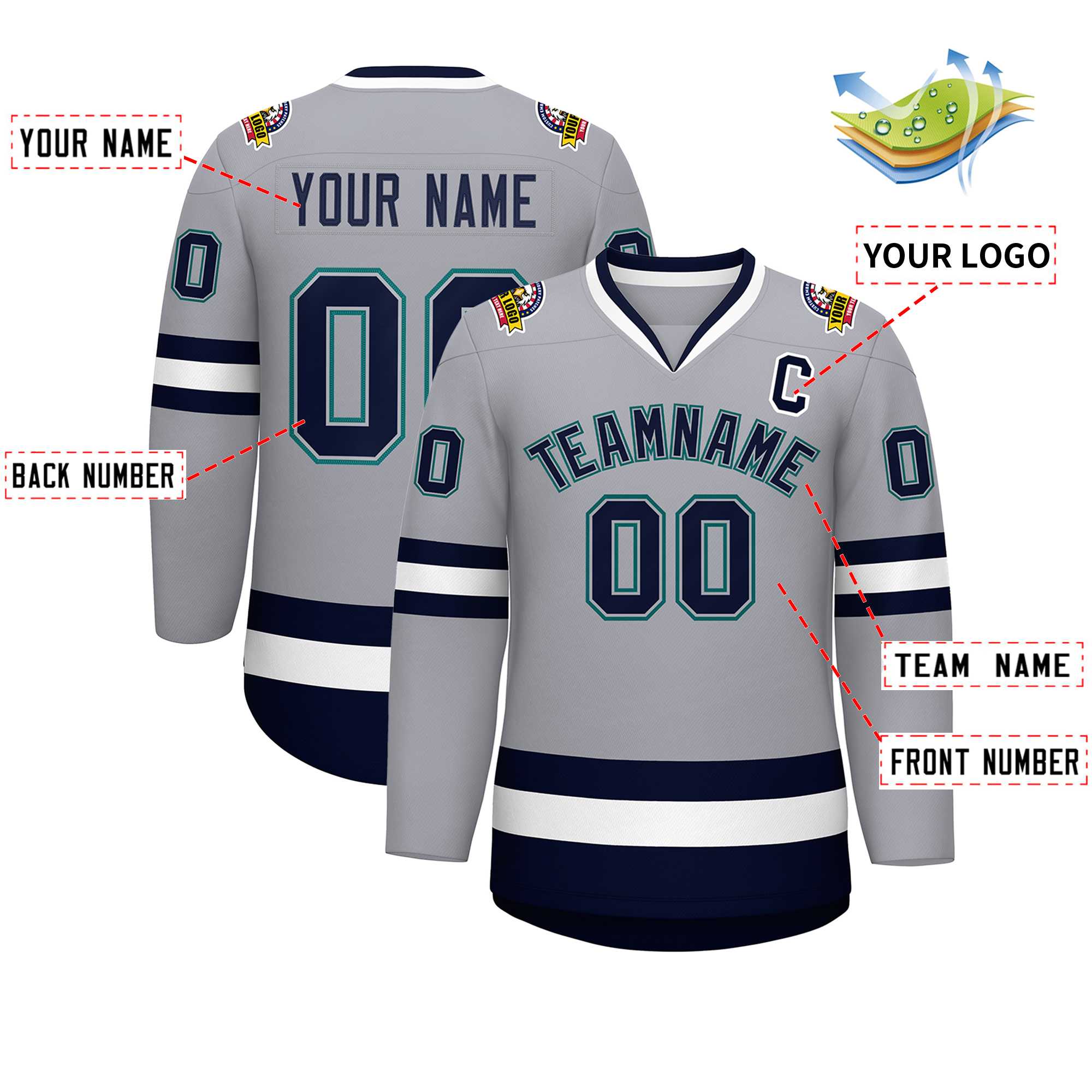 Custom Gray Navy Gray-Aqua Classic Style Hockey Jersey | KXKSHOP