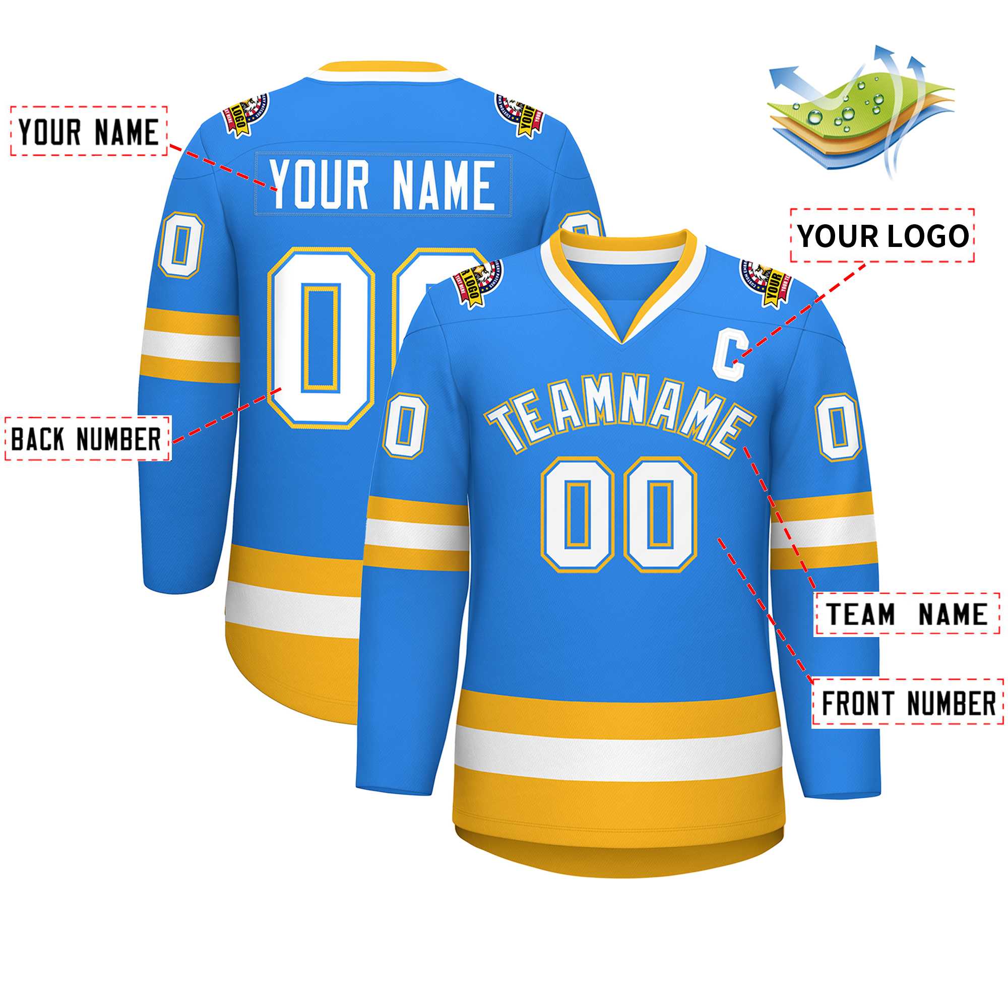 Custom Powder Blue White Powder Blue-Gold Classic Style Hockey Jersey | KXKSHOP