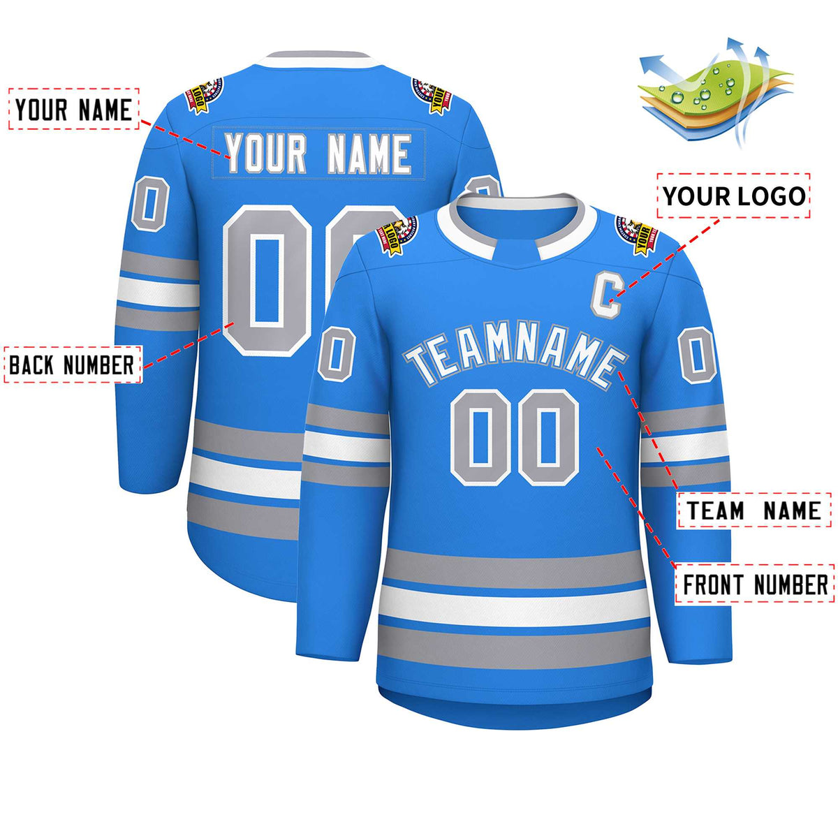 Custom Powder Blue White Powder Blue-Gray Classic Style Hockey Jersey | KXKSHOP