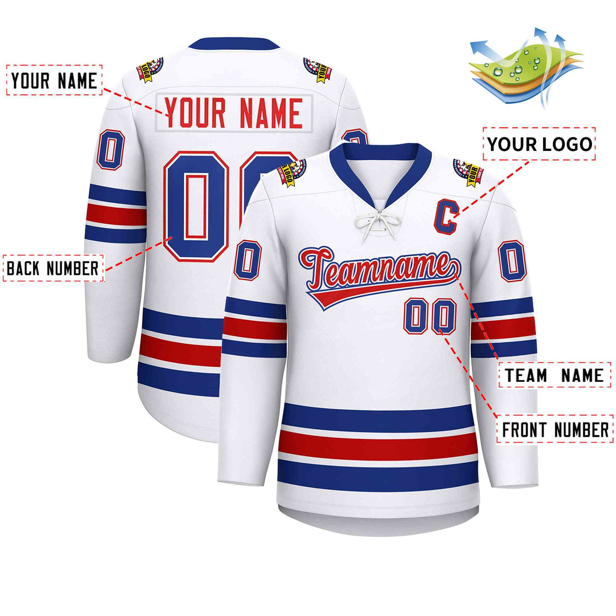Custom White Royal-Red Lace-Up Neck Hockey Jersey | KXKSHOP