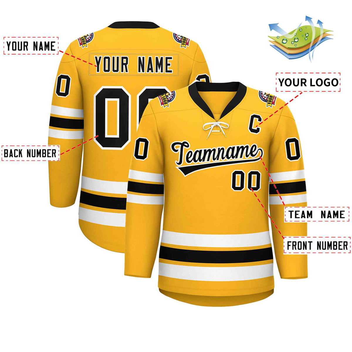 Custom Gold Black-White Lace-Up Neck Hockey Jersey | KXKSHOP