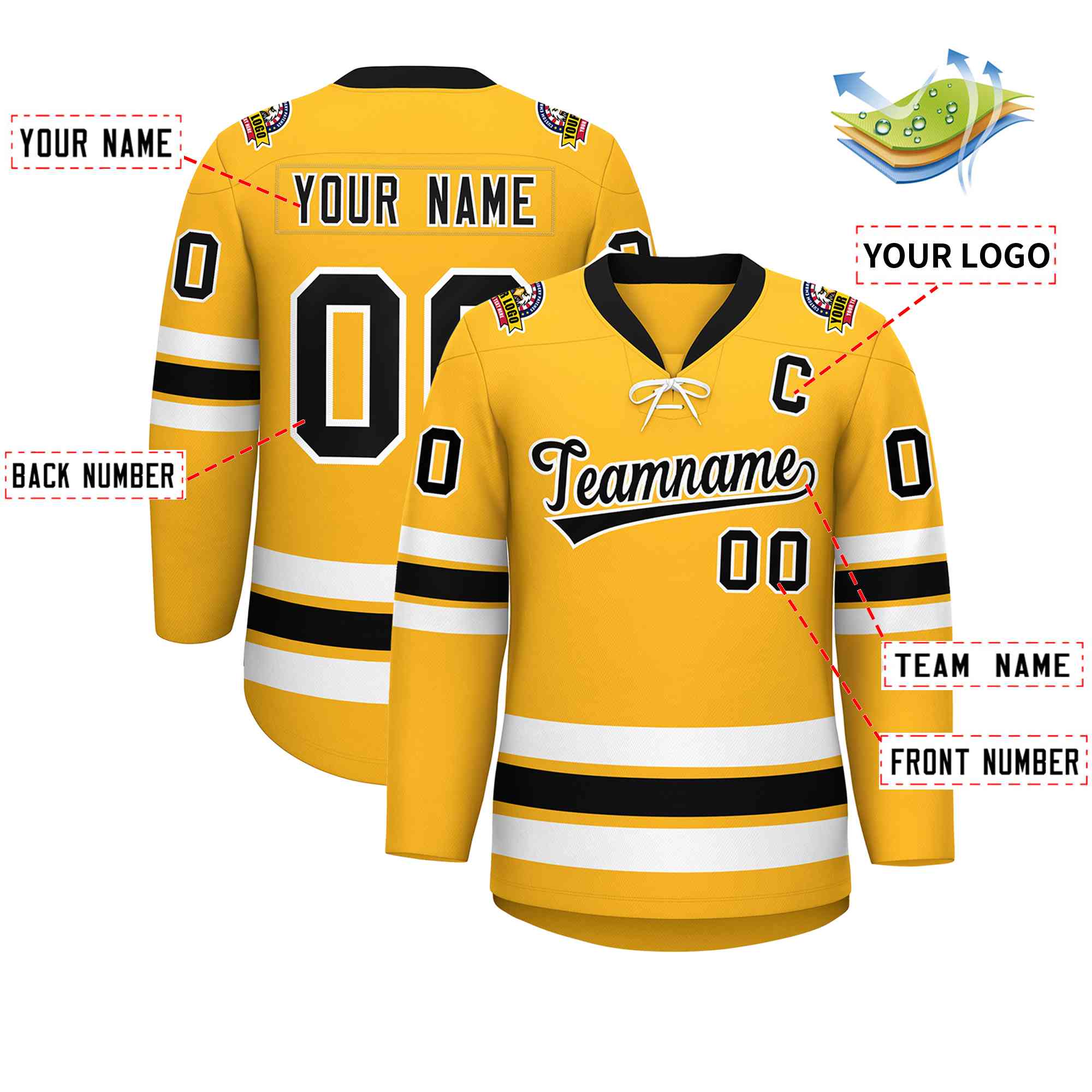 Custom Gold Black-White Lace-Up Neck Hockey Jersey | KXKSHOP