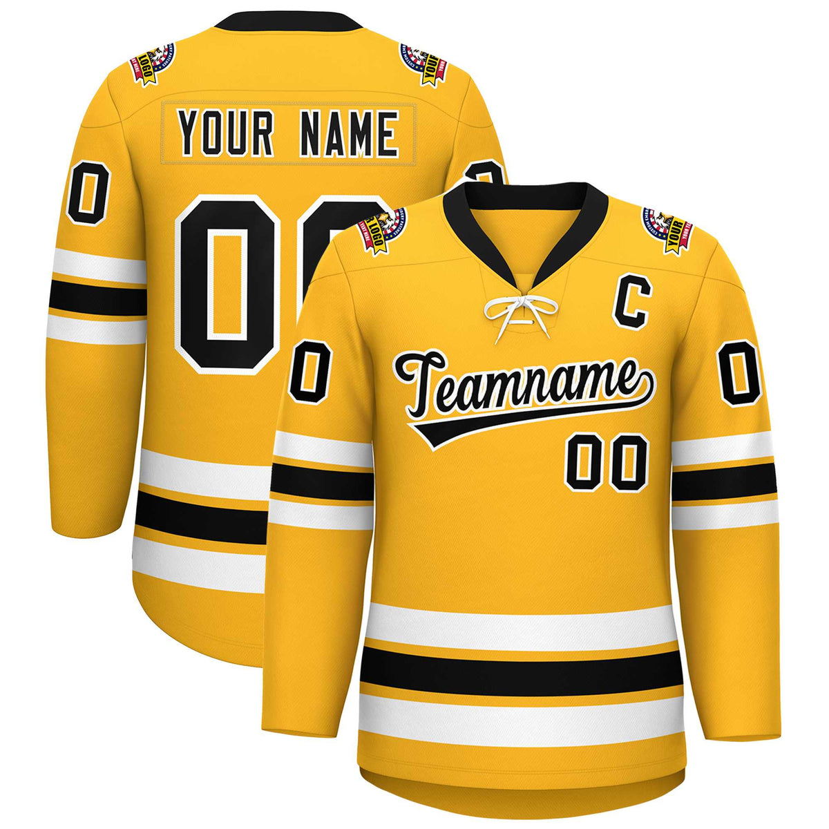 Custom Gold Black-White Lace-Up Neck Hockey Jersey | KXKSHOP