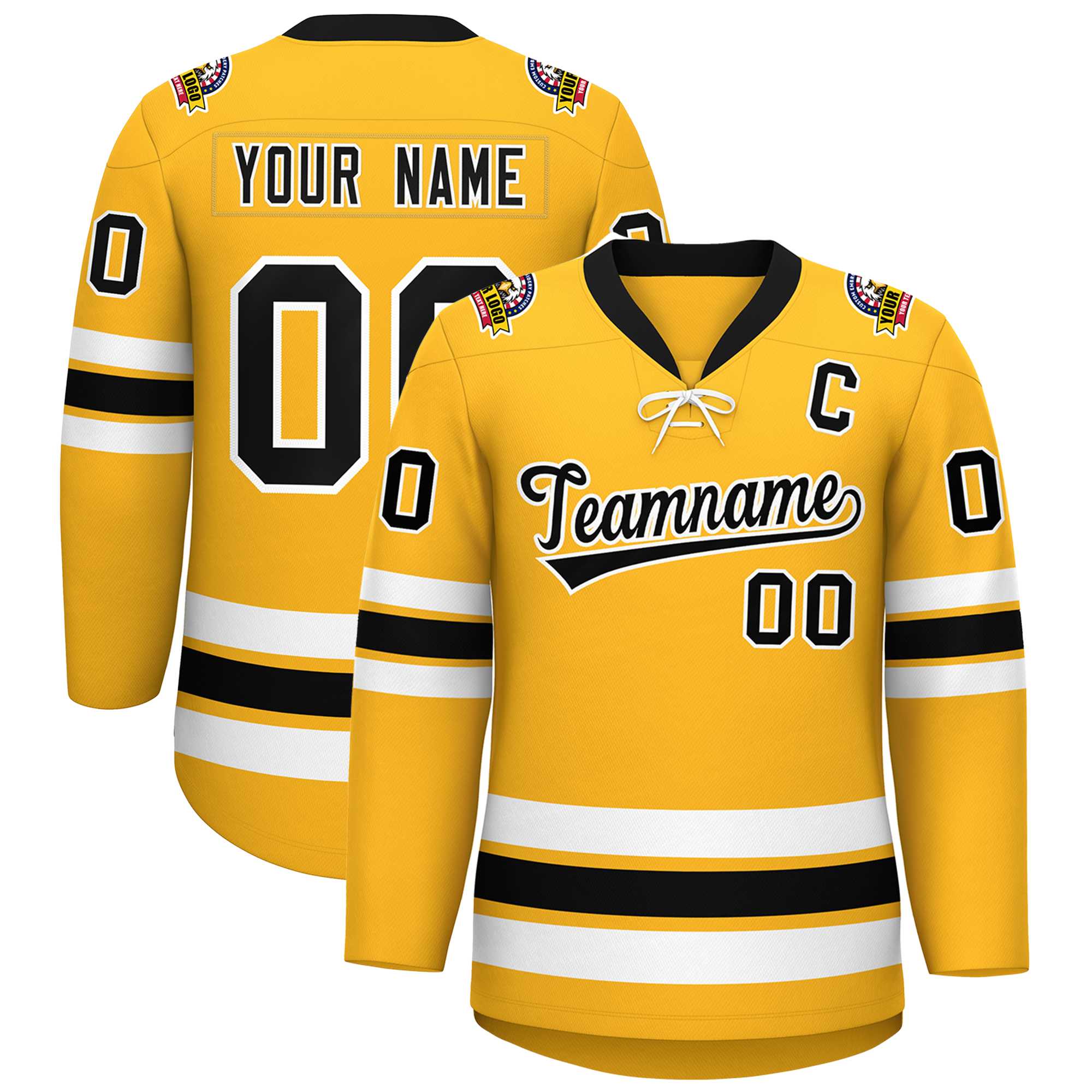 Custom Gold Black-White Lace-Up Neck Hockey Jersey | KXKSHOP
