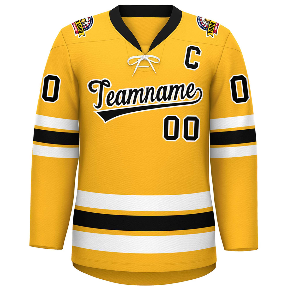 Custom Gold Black-White Lace-Up Neck Hockey Jersey | KXKSHOP