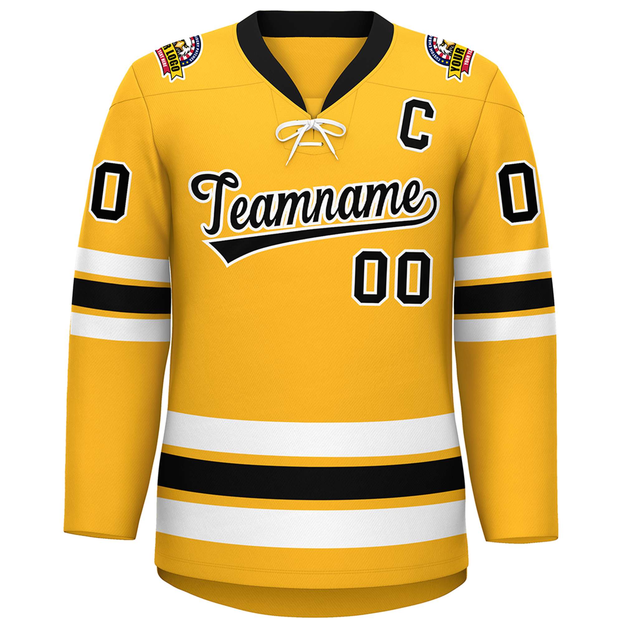 Custom Gold Black-White Lace-Up Neck Hockey Jersey | KXKSHOP