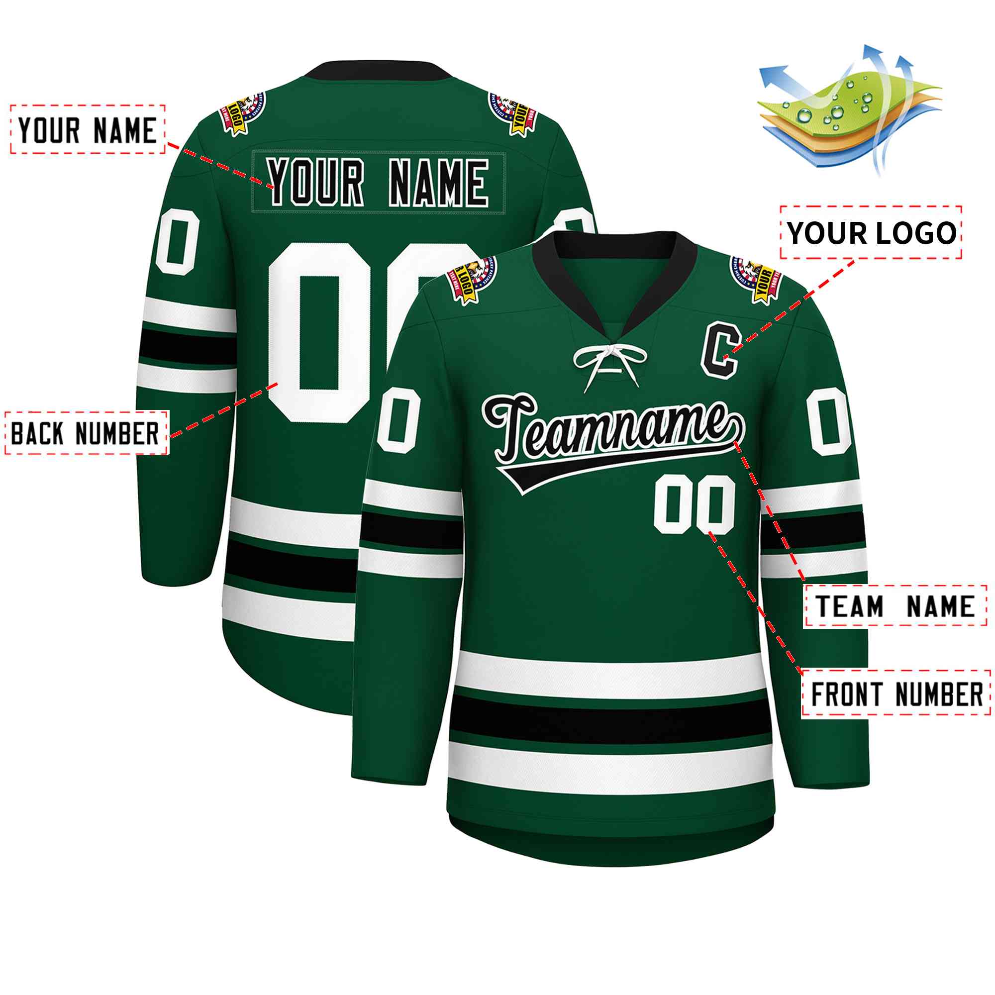 Custom Green Black-White Lace-Up Neck Hockey Jersey | KXKSHOP