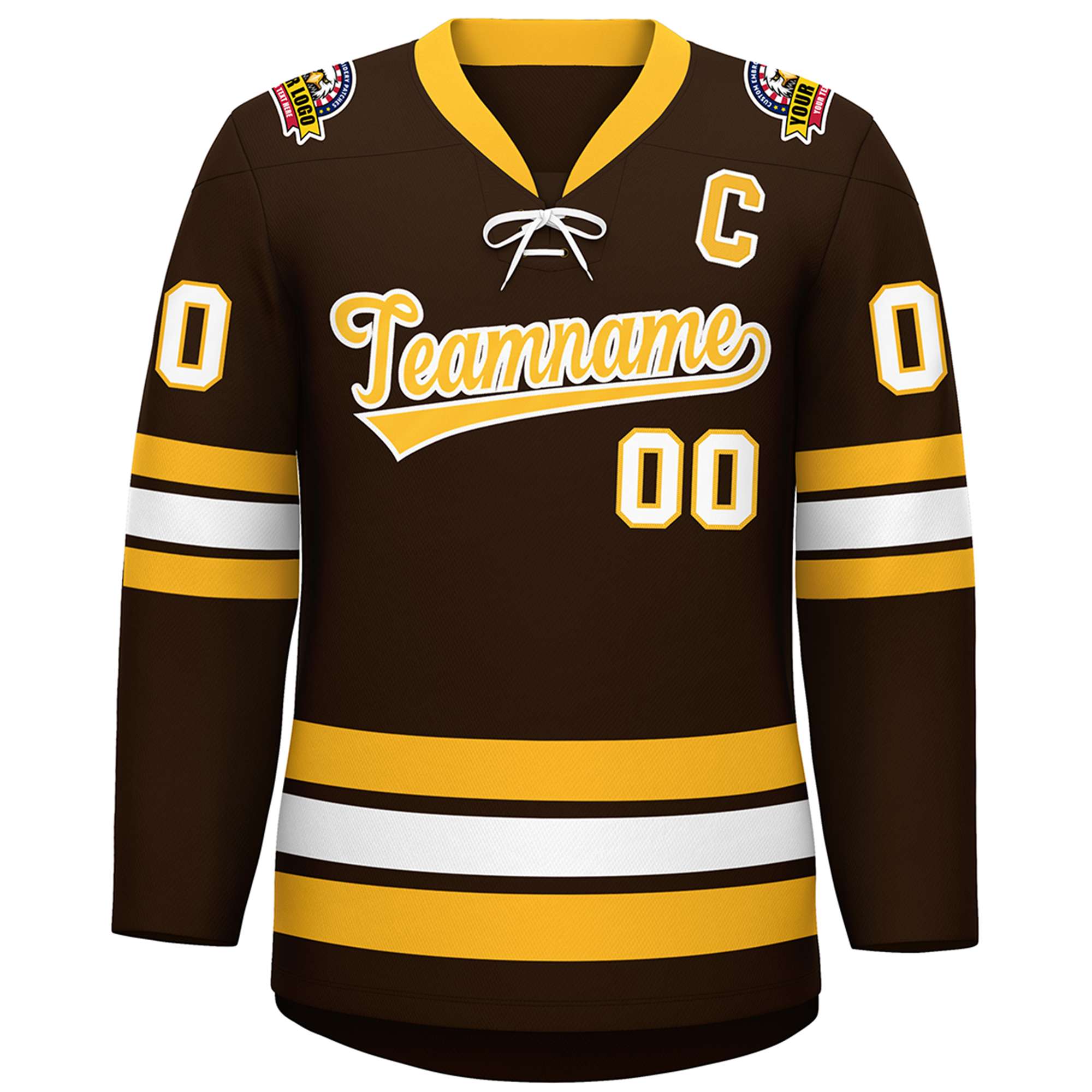 Custom Brown Yellow-White Lace-Up Neck Hockey Jersey | KXKSHOP