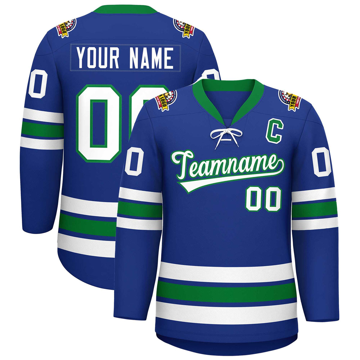 Custom Royal White-Kelly Green Lace-Up Neck Hockey Jersey | KXKSHOP