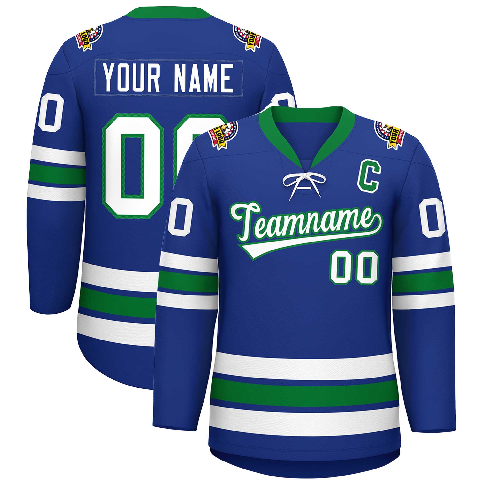 Custom Royal White-Kelly Green Lace-Up Neck Hockey Jersey | KXKSHOP