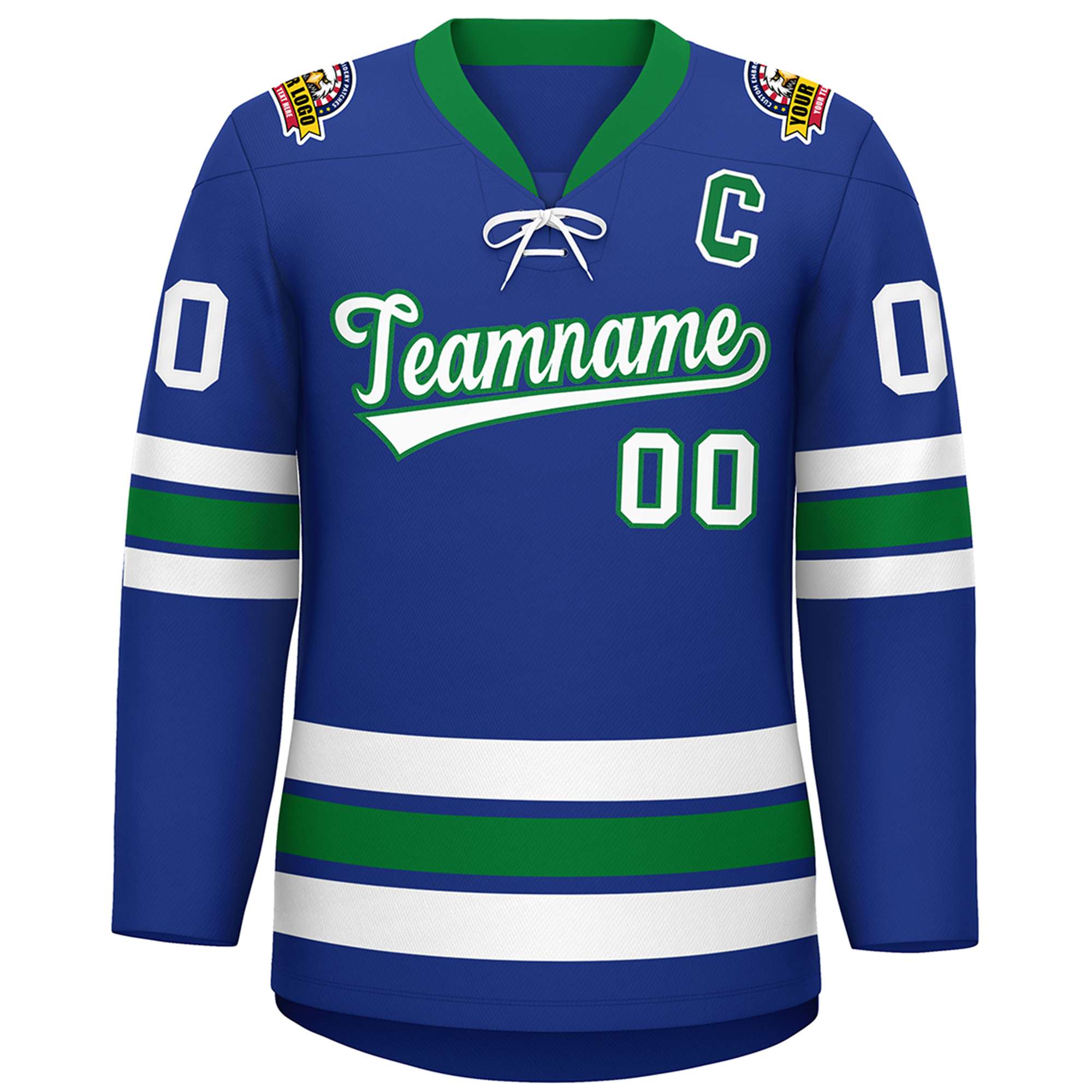 Custom Royal White-Kelly Green Lace-Up Neck Hockey Jersey | KXKSHOP
