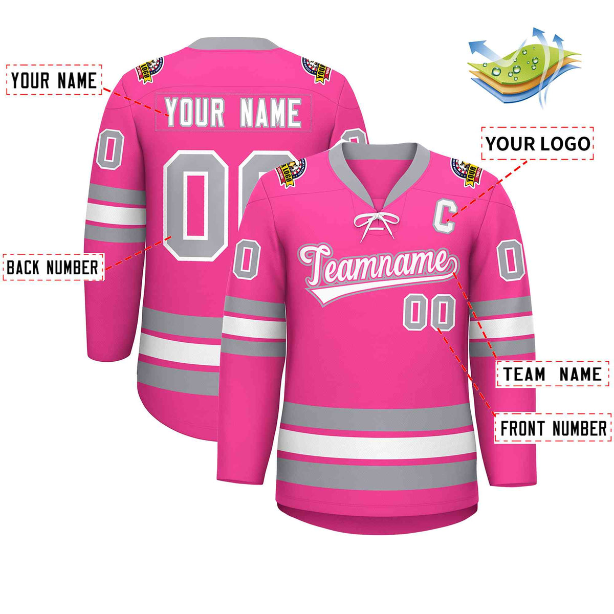 Custom Pink White-Gray Lace-Up Neck Hockey Jersey | KXKSHOP