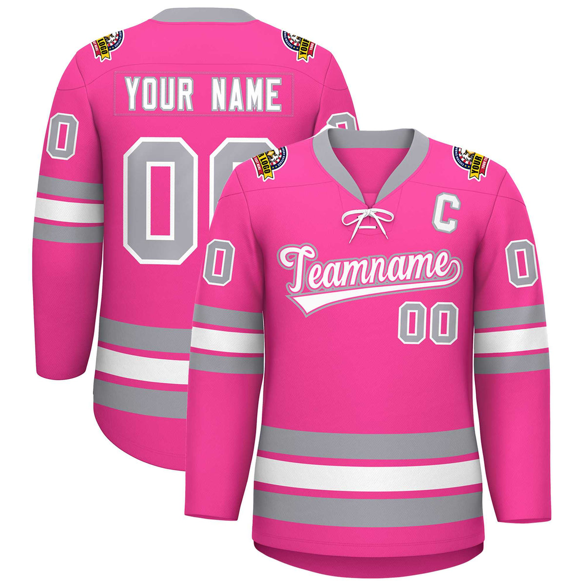 Custom Pink White-Gray Lace-Up Neck Hockey Jersey | KXKSHOP