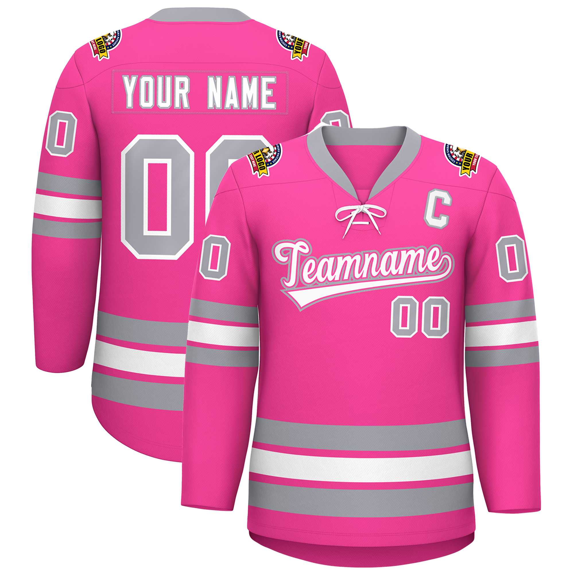 Custom Pink White-Gray Lace-Up Neck Hockey Jersey | KXKSHOP