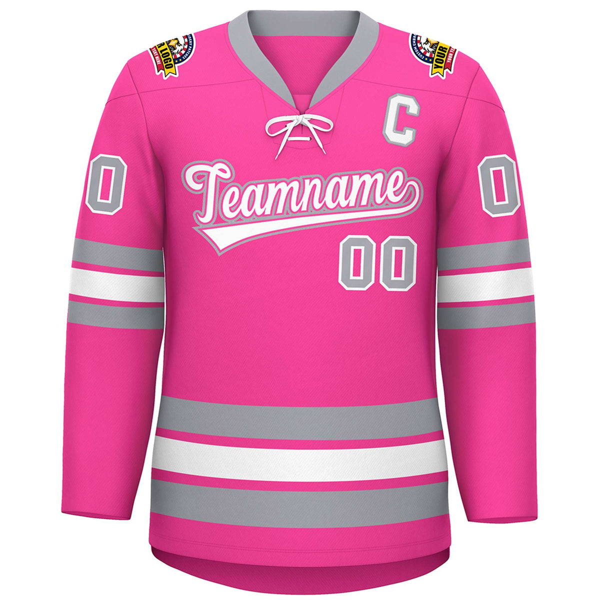 Custom Pink White-Gray Lace-Up Neck Hockey Jersey | KXKSHOP