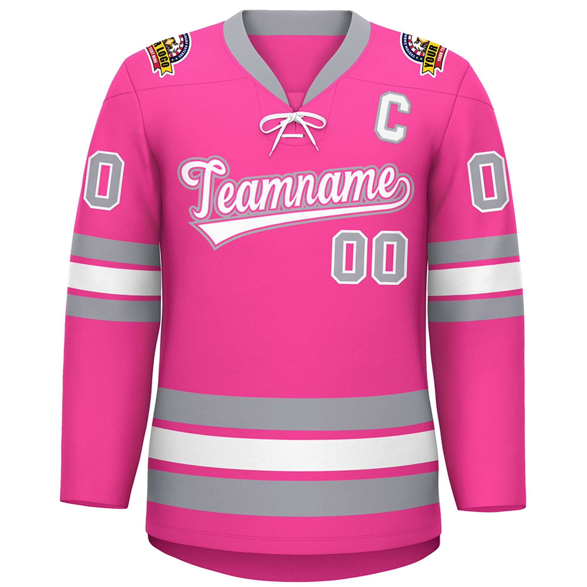 Custom Pink White-Gray Lace-Up Neck Hockey Jersey | KXKSHOP