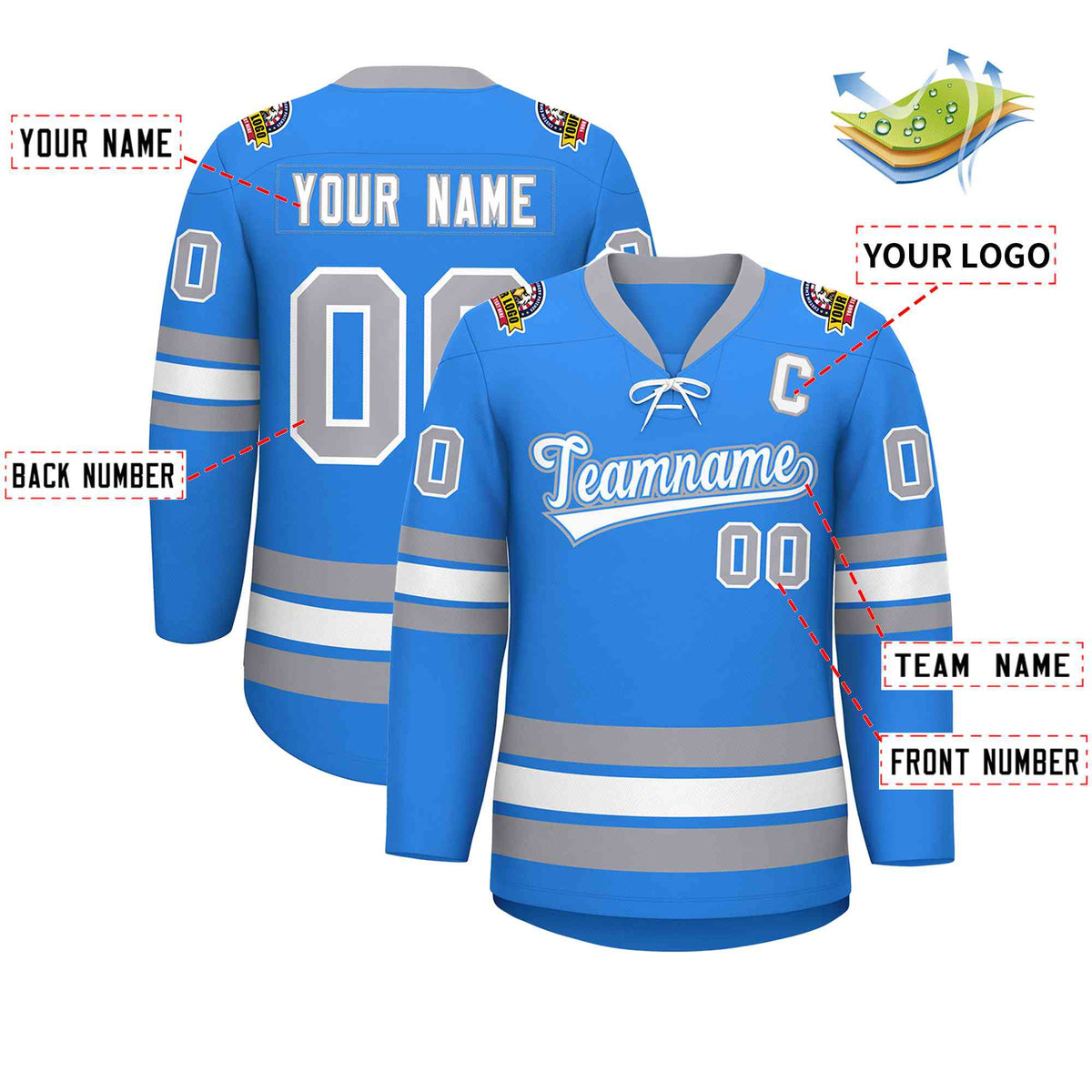Custom Powder Blue White-Gray Lace-Up Neck Hockey Jersey | KXKSHOP