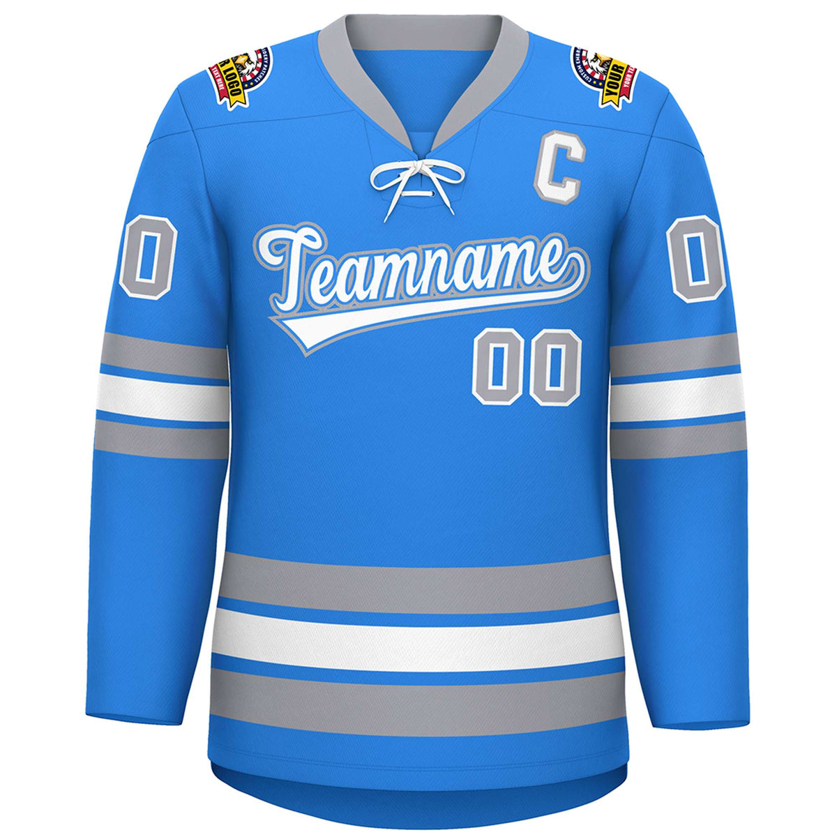 Custom Powder Blue White-Gray Lace-Up Neck Hockey Jersey | KXKSHOP