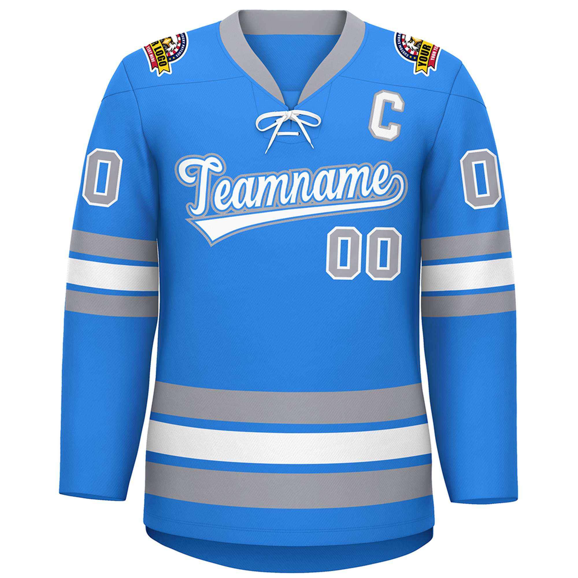Custom Powder Blue White-Gray Lace-Up Neck Hockey Jersey | KXKSHOP