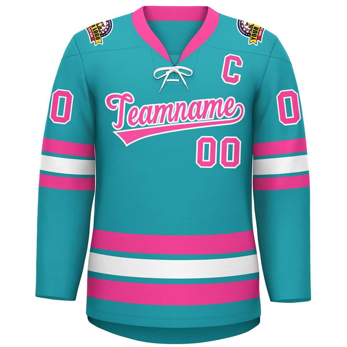 Custom Aqua Pink-White Lace-Up Neck Hockey Jersey | KXKSHOP