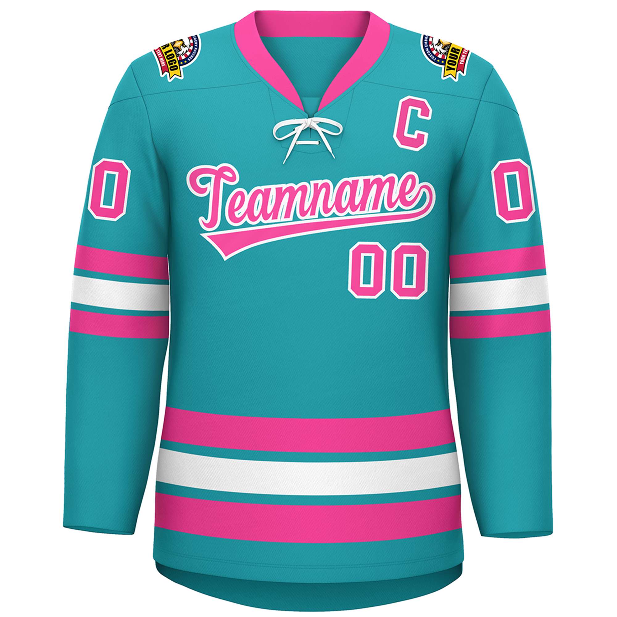 Custom Aqua Pink-White Lace-Up Neck Hockey Jersey | KXKSHOP