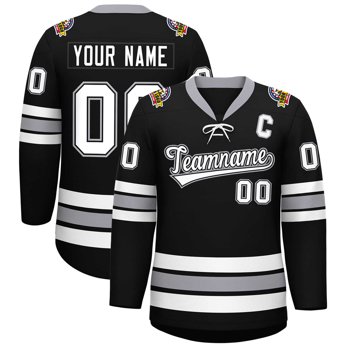 Custom Black White-Gray Lace-Up Neck Hockey Jersey | KXKSHOP