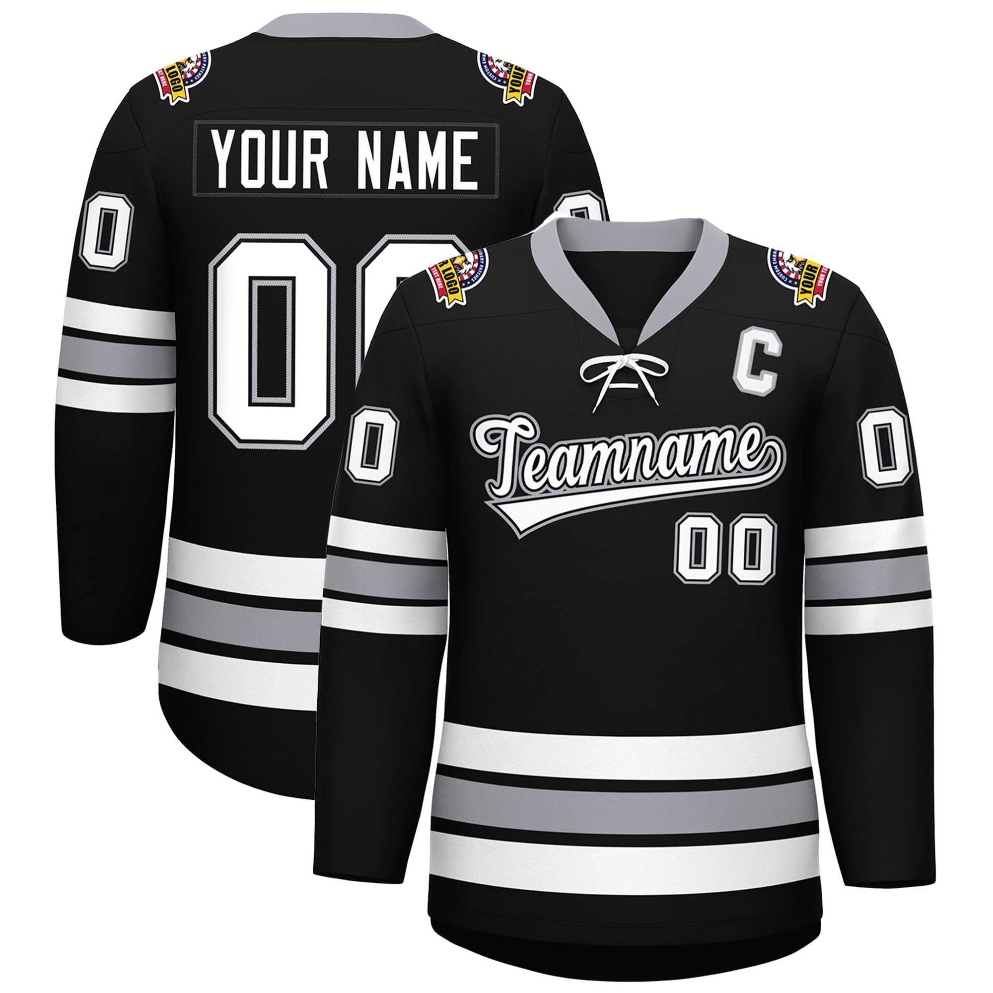 Custom Black White-Gray Lace-Up Neck Hockey Jersey | KXKSHOP