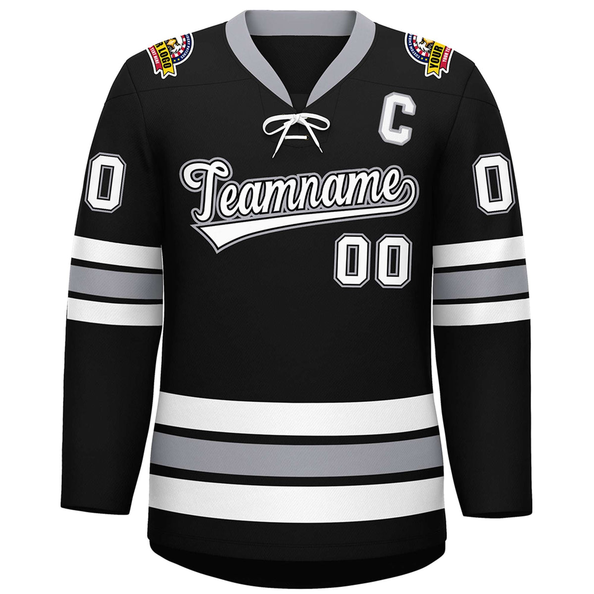 Custom Black White-Gray Lace-Up Neck Hockey Jersey | KXKSHOP