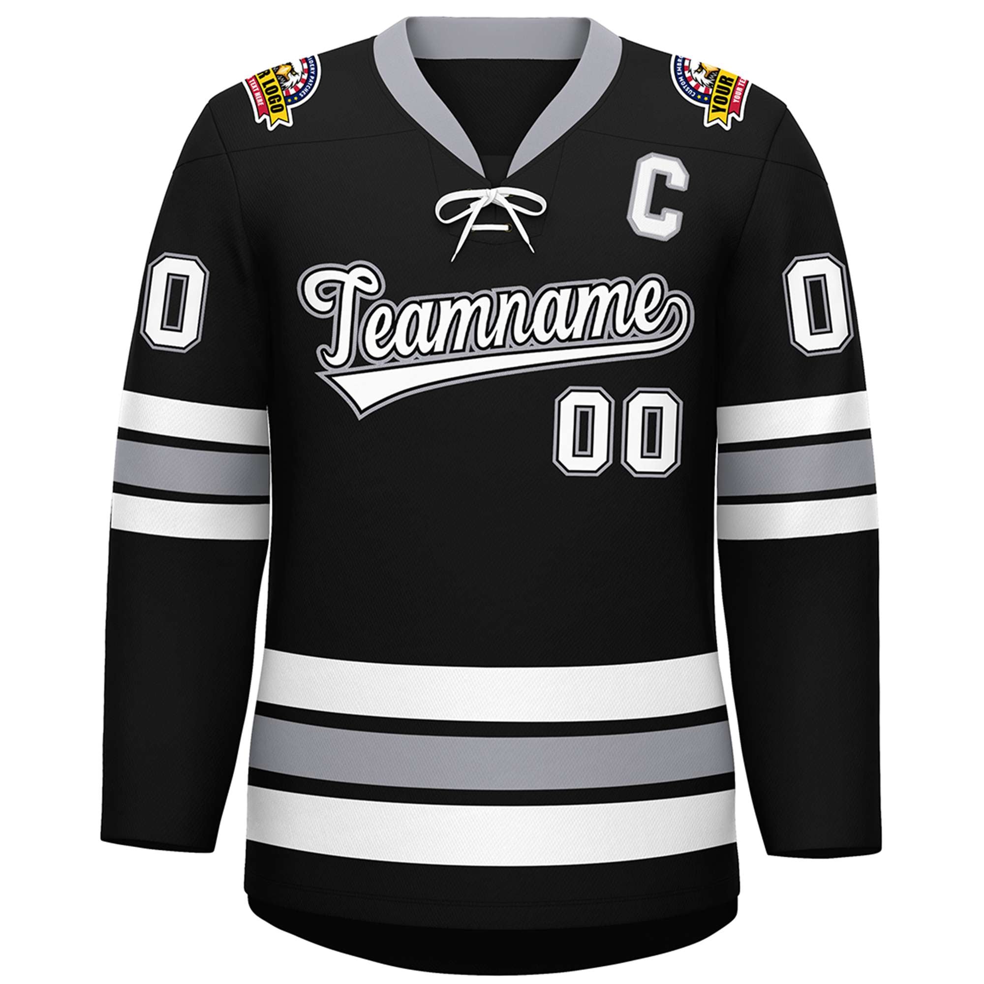Custom Black White-Gray Lace-Up Neck Hockey Jersey | KXKSHOP