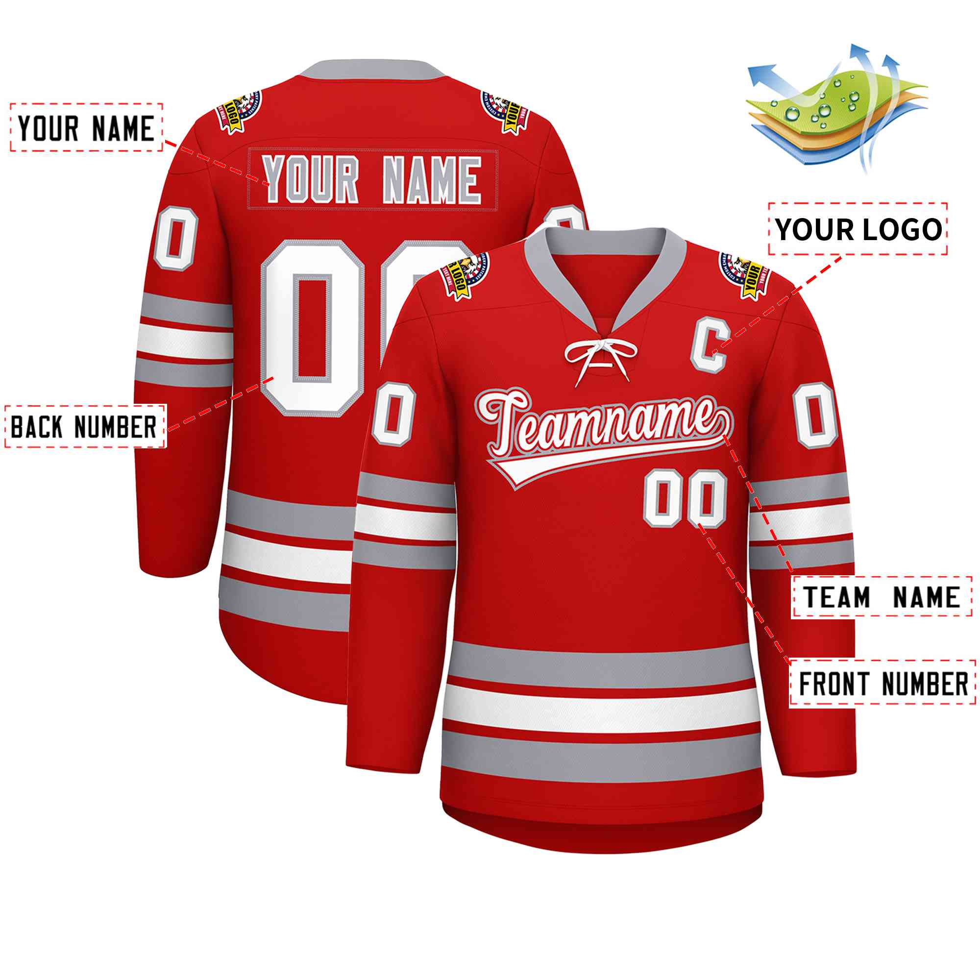 Custom Red White-Gray Lace-Up Neck Hockey Jersey | KXKSHOP