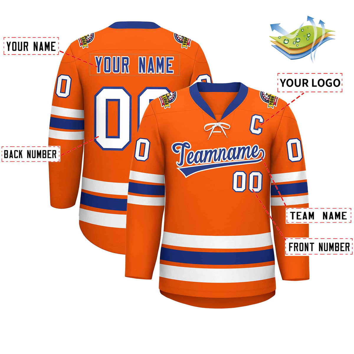 Custom Orange Royal-White Lace-Up Neck Hockey Jersey | KXKSHOP