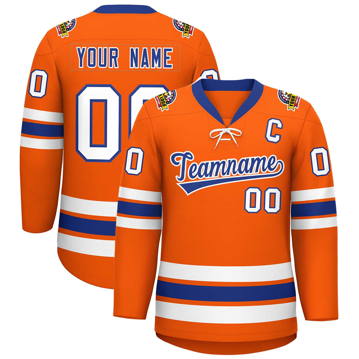 Custom Orange Royal-White Lace-Up Neck Hockey Jersey | KXKSHOP