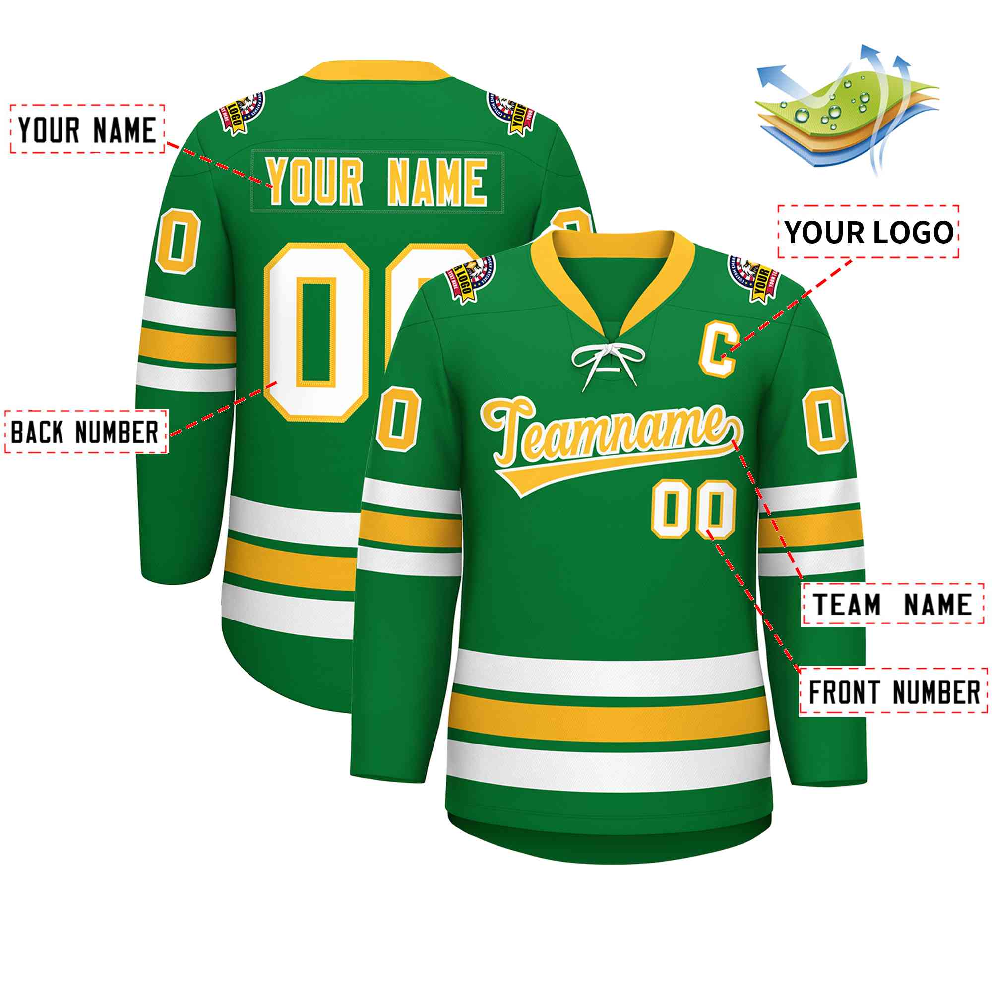 Custom Kelly Green Yellow-White Lace-Up Neck Hockey Jersey | KXKSHOP
