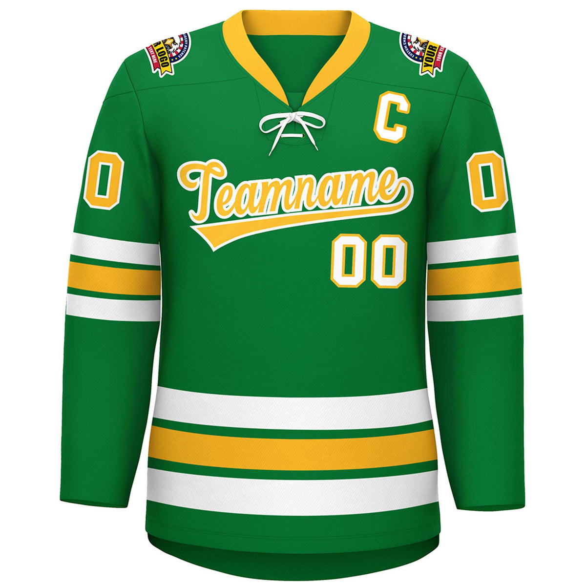Custom Kelly Green Yellow-White Lace-Up Neck Hockey Jersey | KXKSHOP