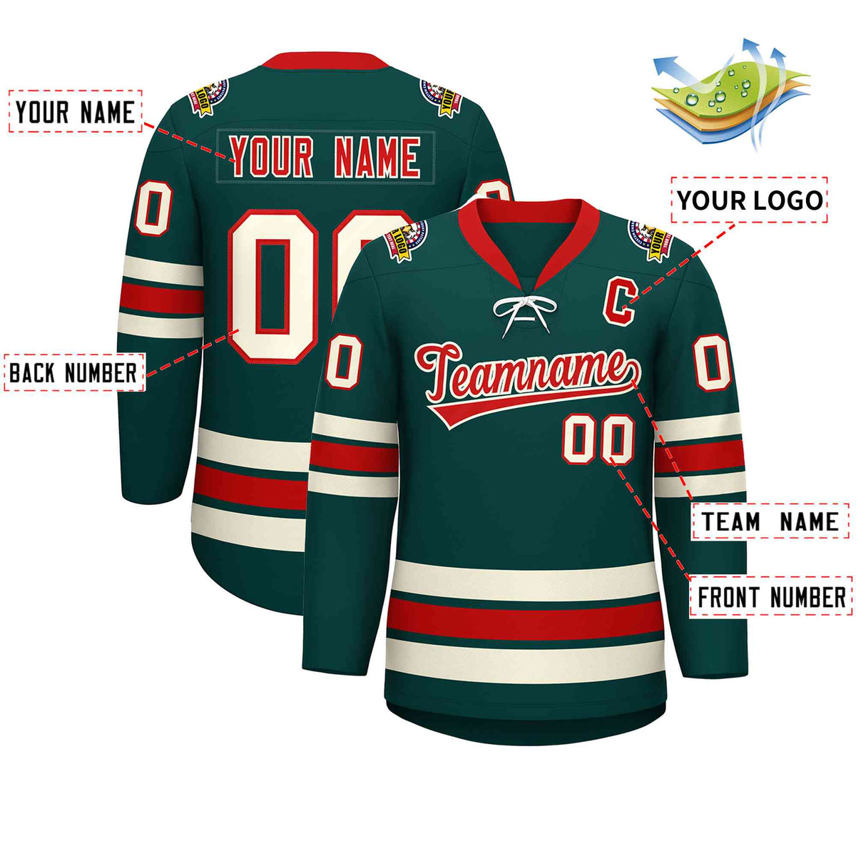 Custom Midnight Green Red-Cream Lace-Up Neck Hockey Jersey | KXKSHOP