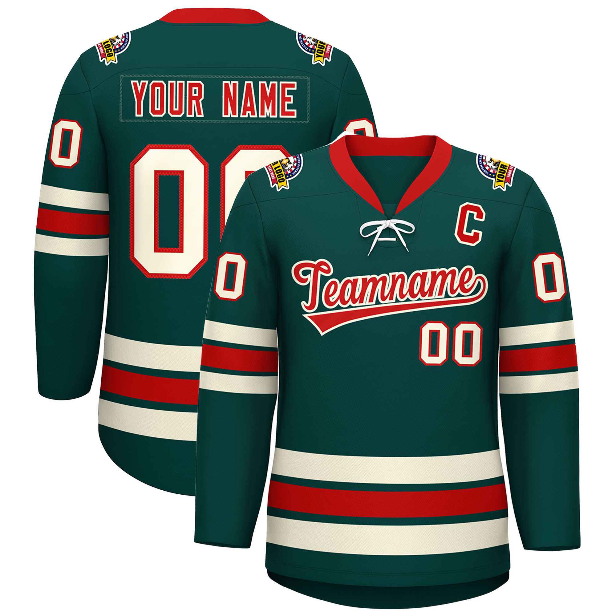 Custom Midnight Green Red-Cream Lace-Up Neck Hockey Jersey | KXKSHOP