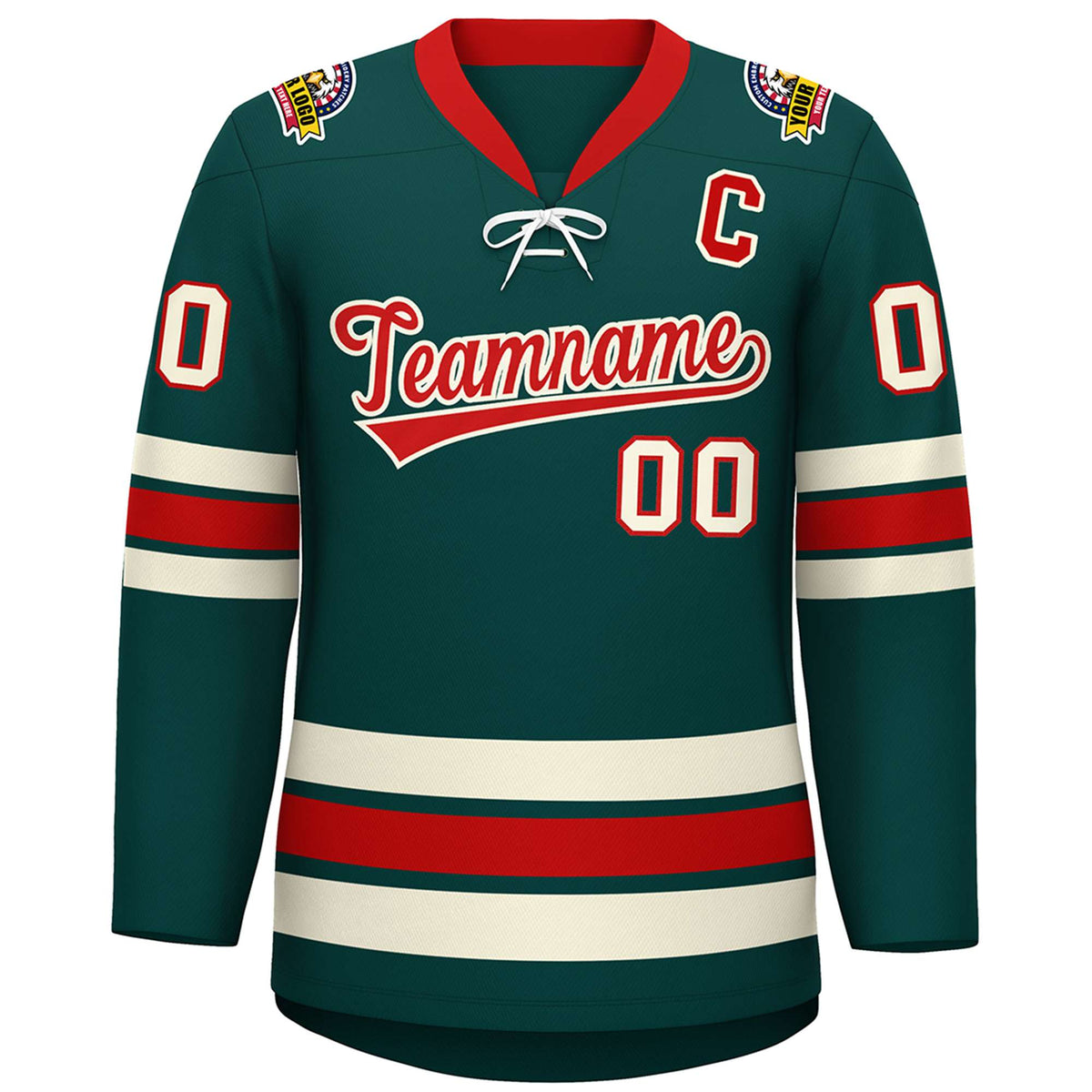 Custom Midnight Green Red-Cream Lace-Up Neck Hockey Jersey | KXKSHOP