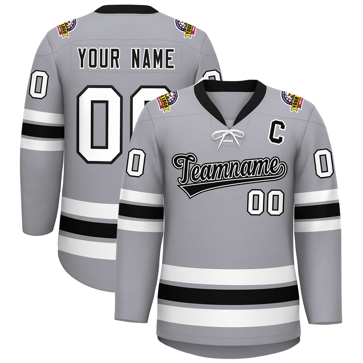 Custom Gray Black-White Lace-Up Neck Hockey Jersey | KXKSHOP